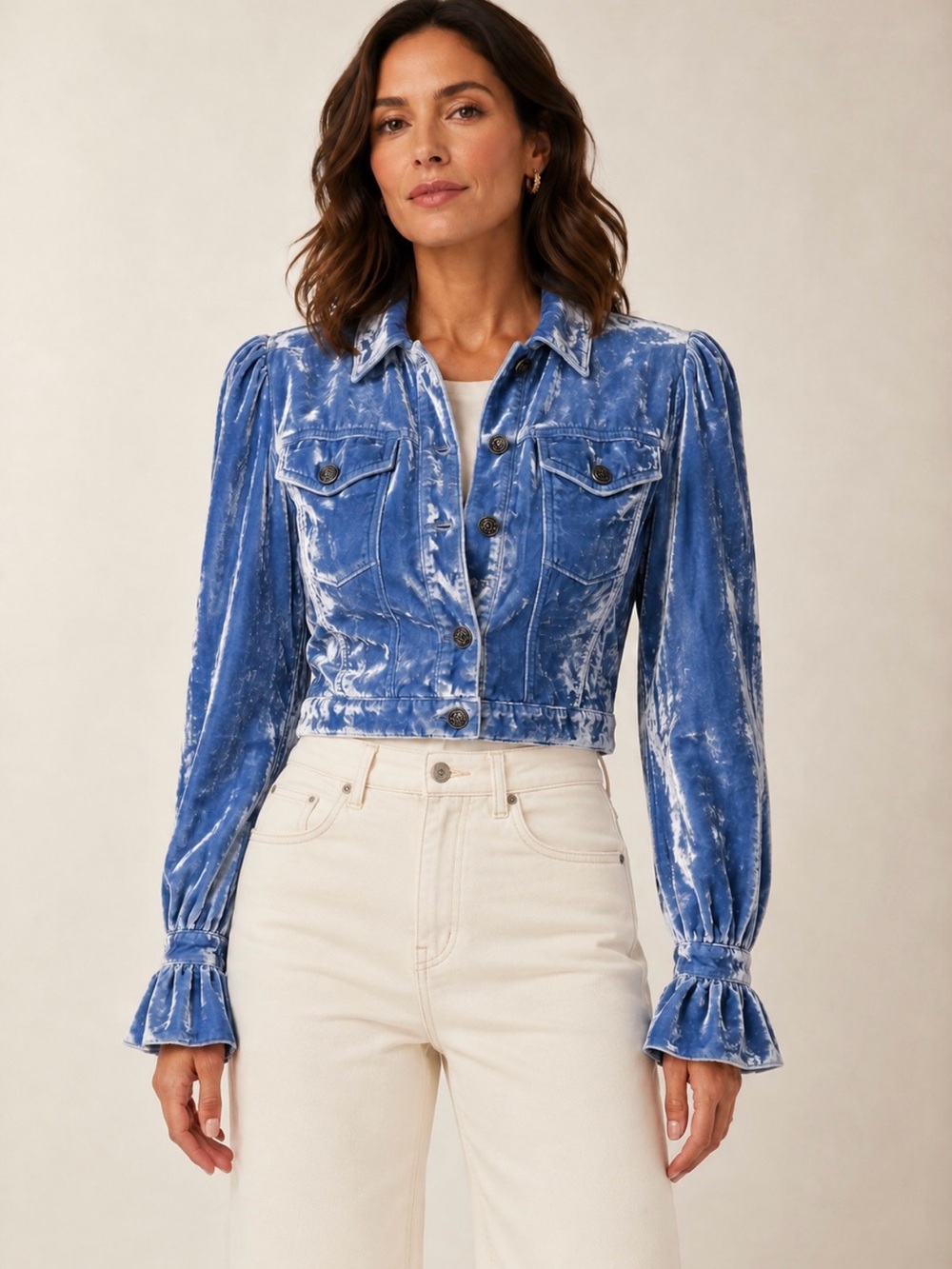 Cinq A Sept Peacock Blue Crushed Velvet Cropped Button-Down Jacket